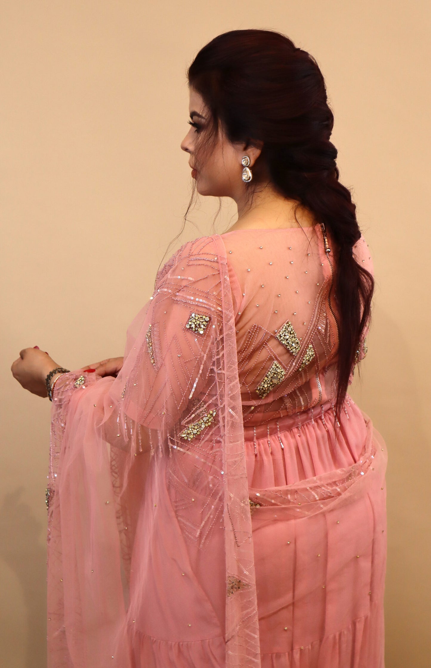 Tiered Saree With Rhinestone Embroidery - PINK