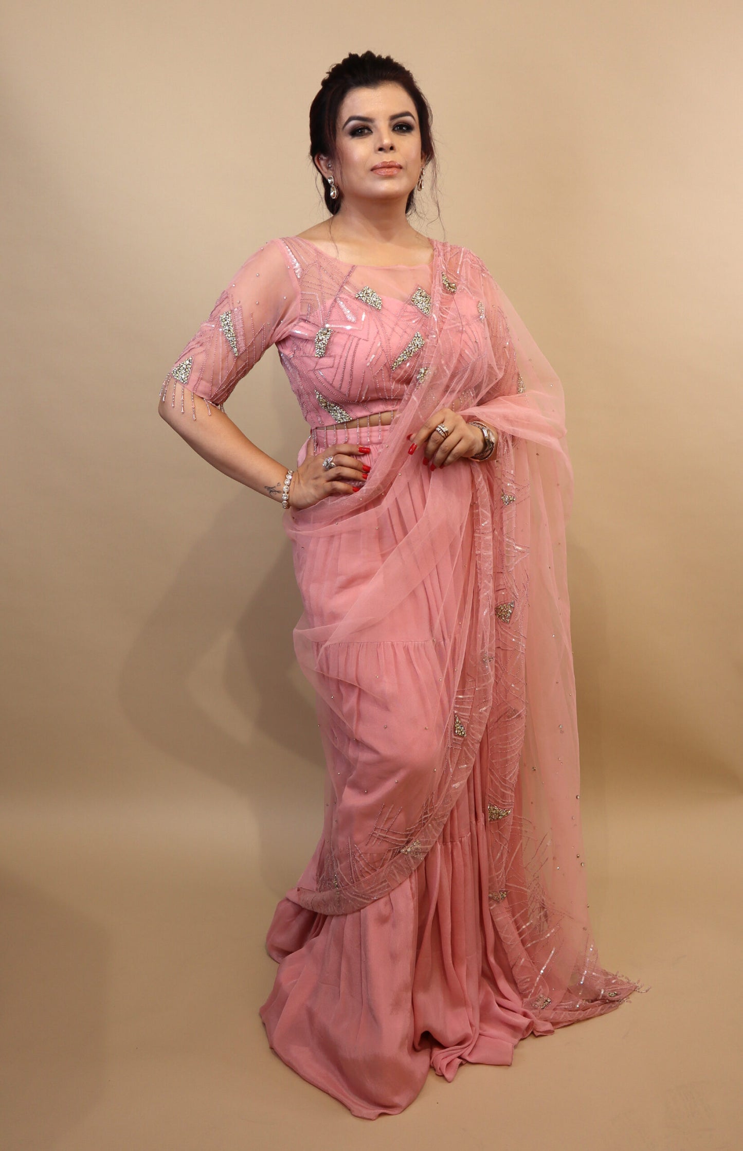 Tiered Saree With Rhinestone Embroidery - PINK
