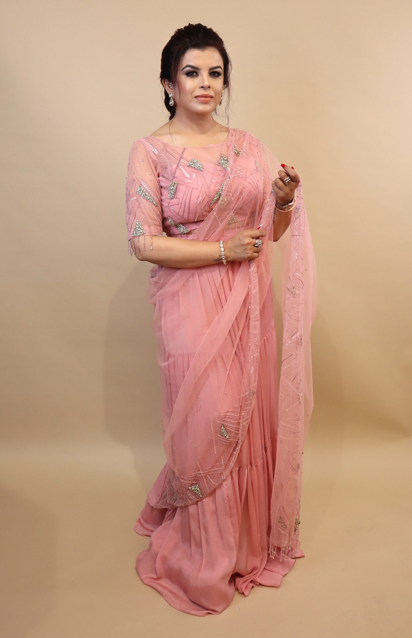 Tiered Saree With Rhinestone Embroidery - PINK