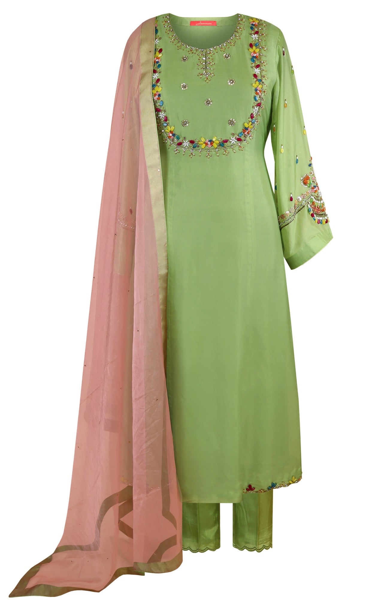 Pista Green Satin Organza Suit