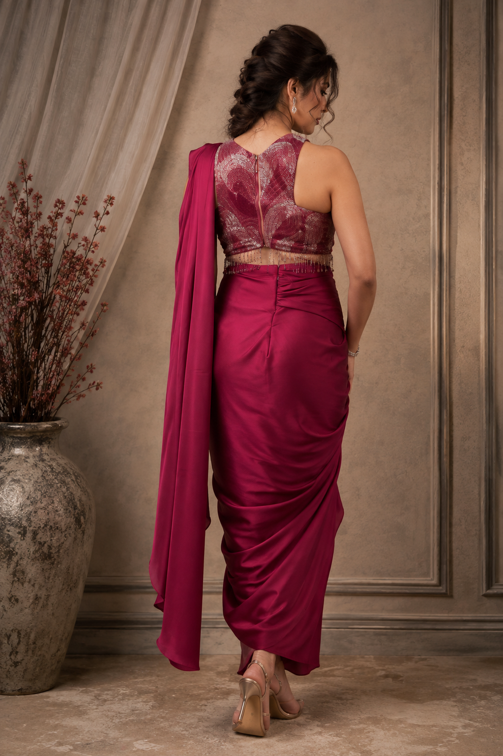 Draped Saree With Ombré Embroidery - PLUM