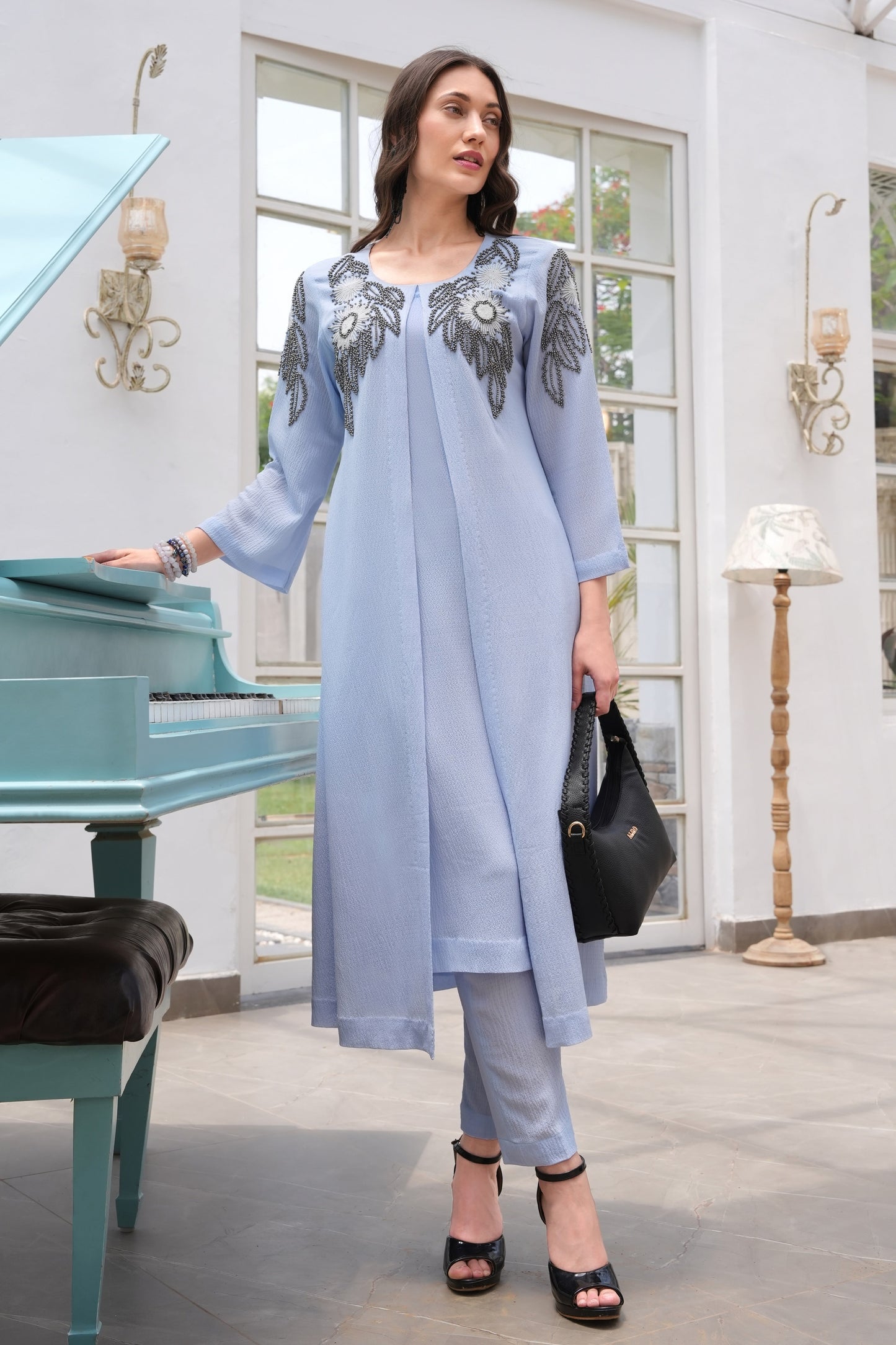 Jacket Style Kurta Set With Daisies - POUDRE' BLEU