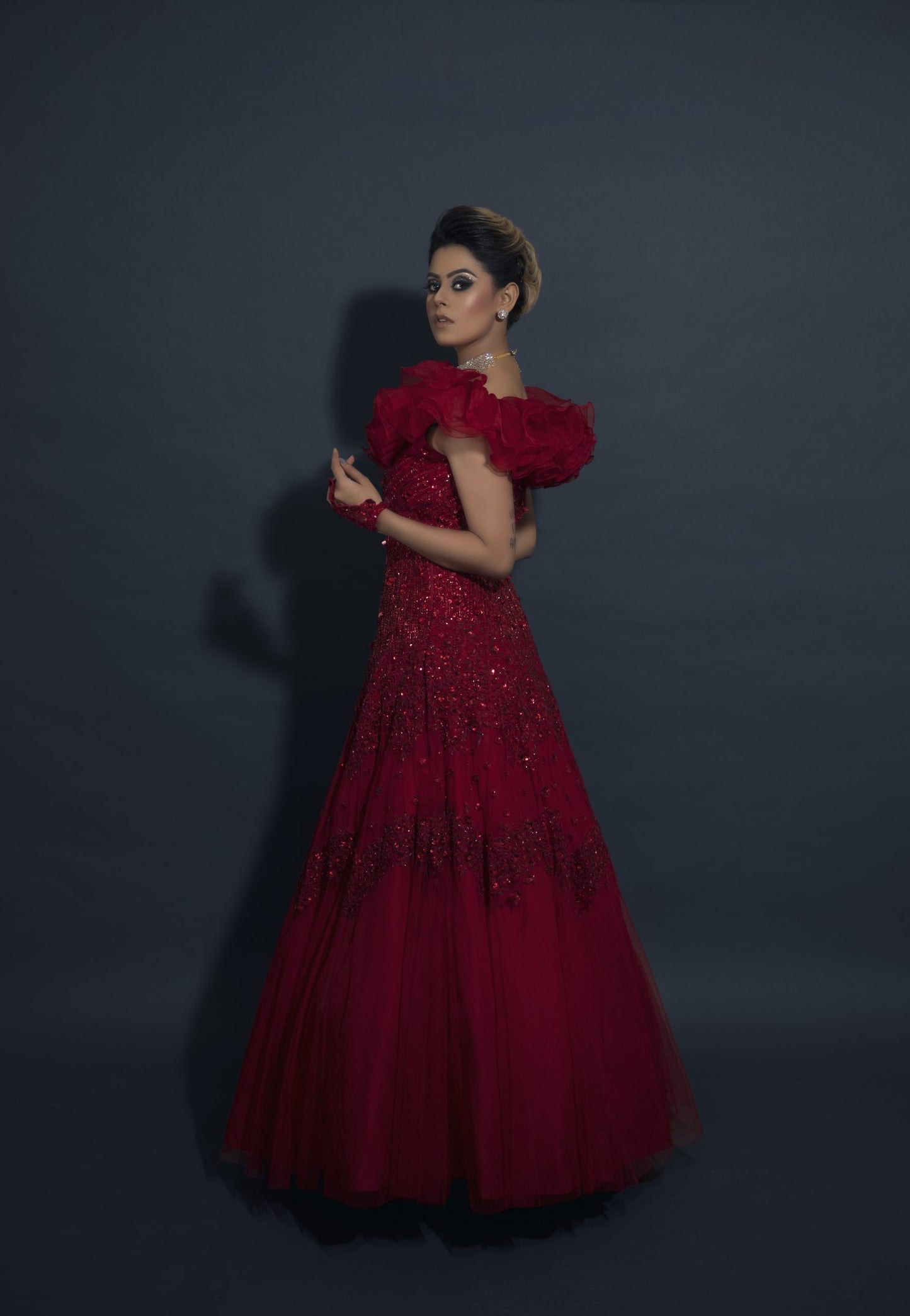 Ruffled Neck Gown - RED