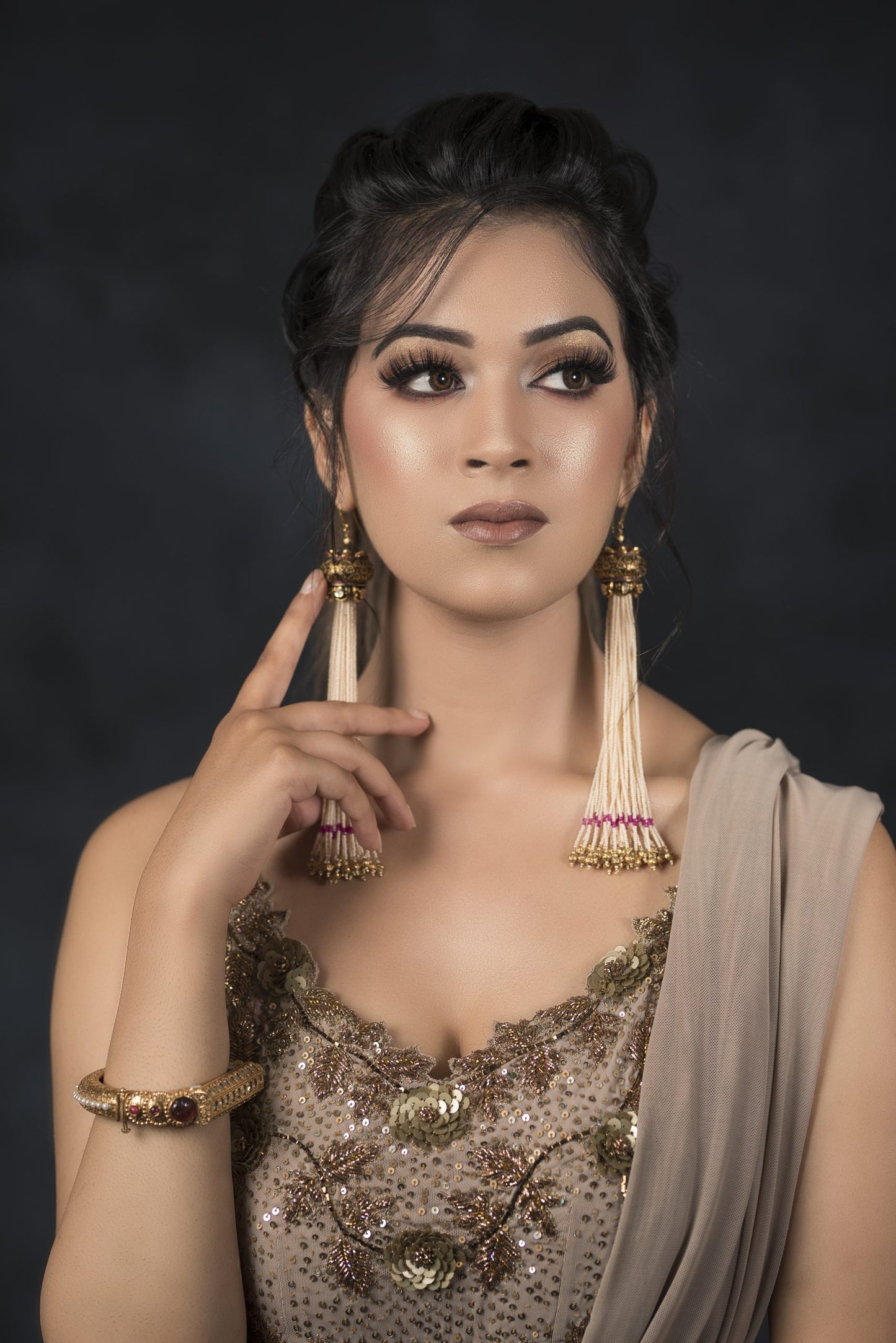 Grey Draped Saree With Zardozi Cut Work Blouse