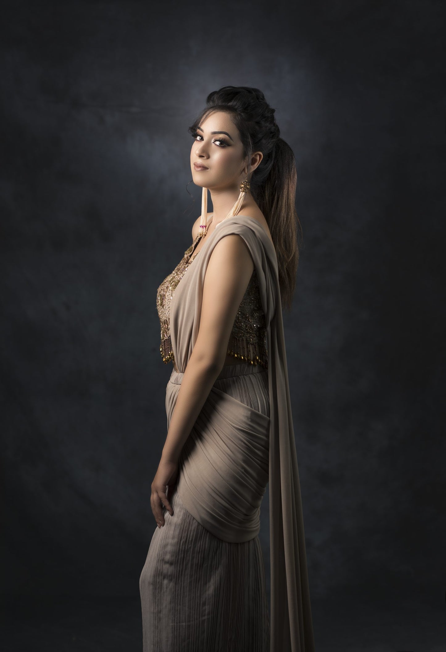 Grey Draped Saree With Zardozi Cut Work Blouse