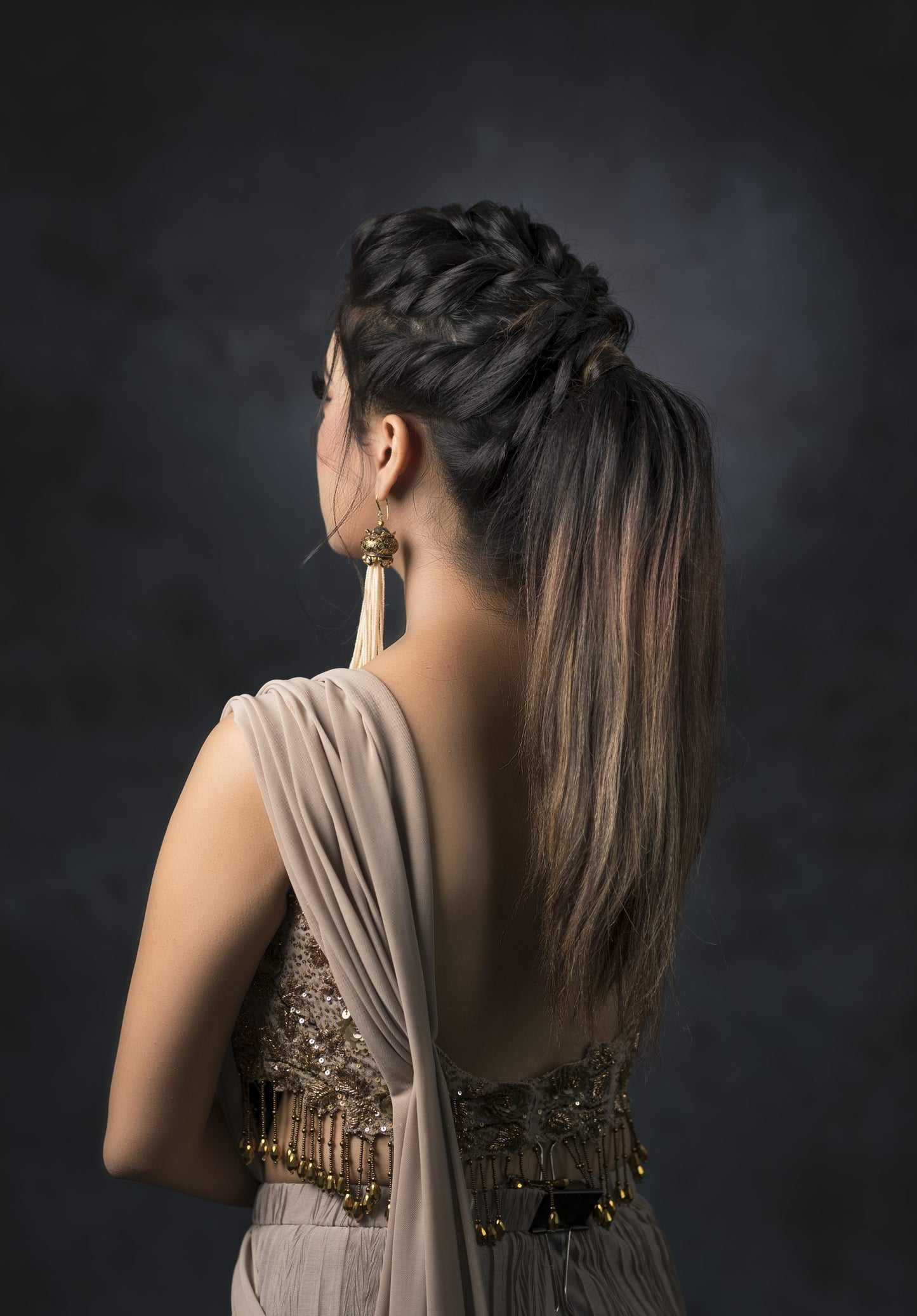 Grey Draped Saree With Zardozi Cut Work Blouse