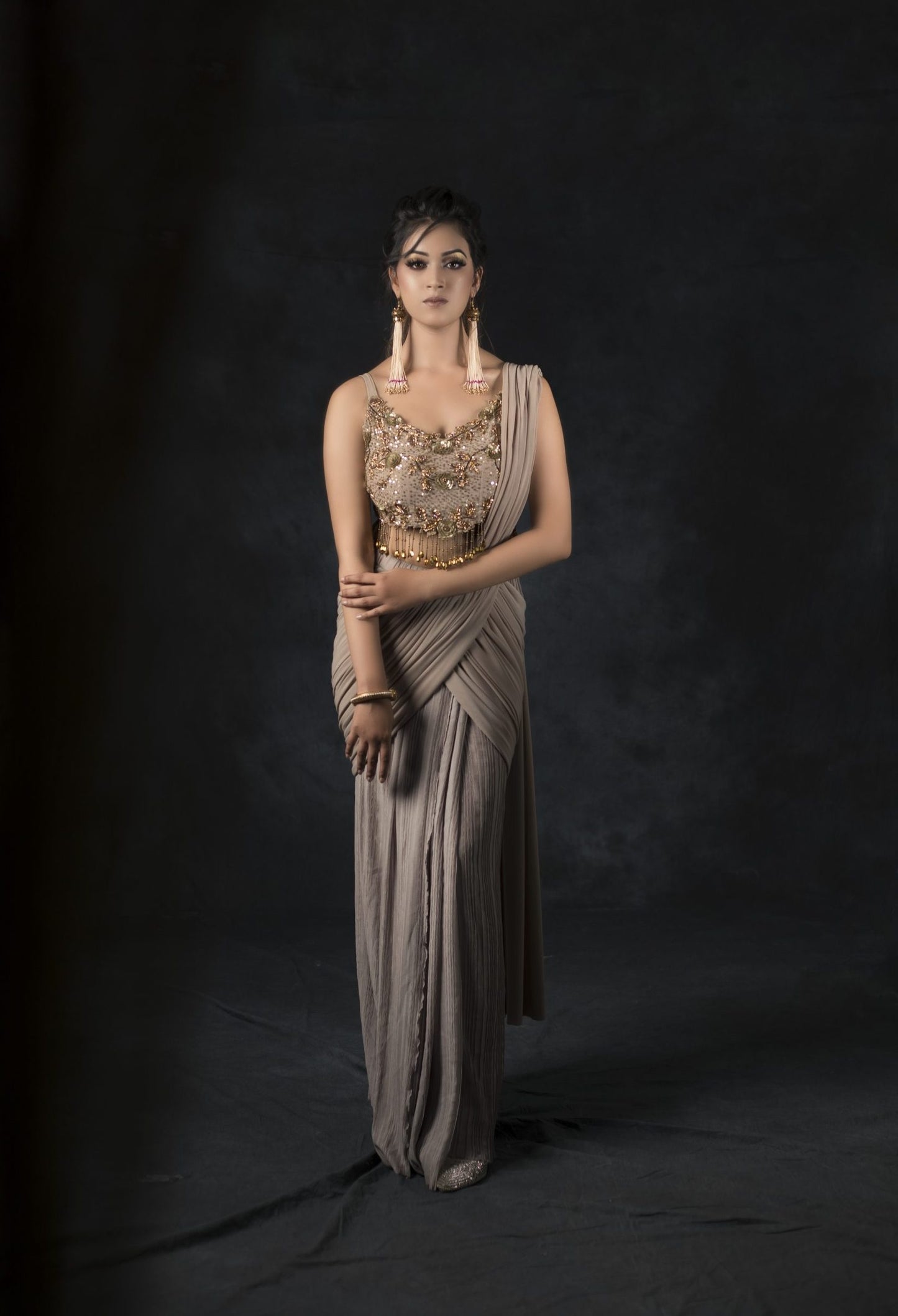 Grey Draped Saree With Zardozi Cut Work Blouse