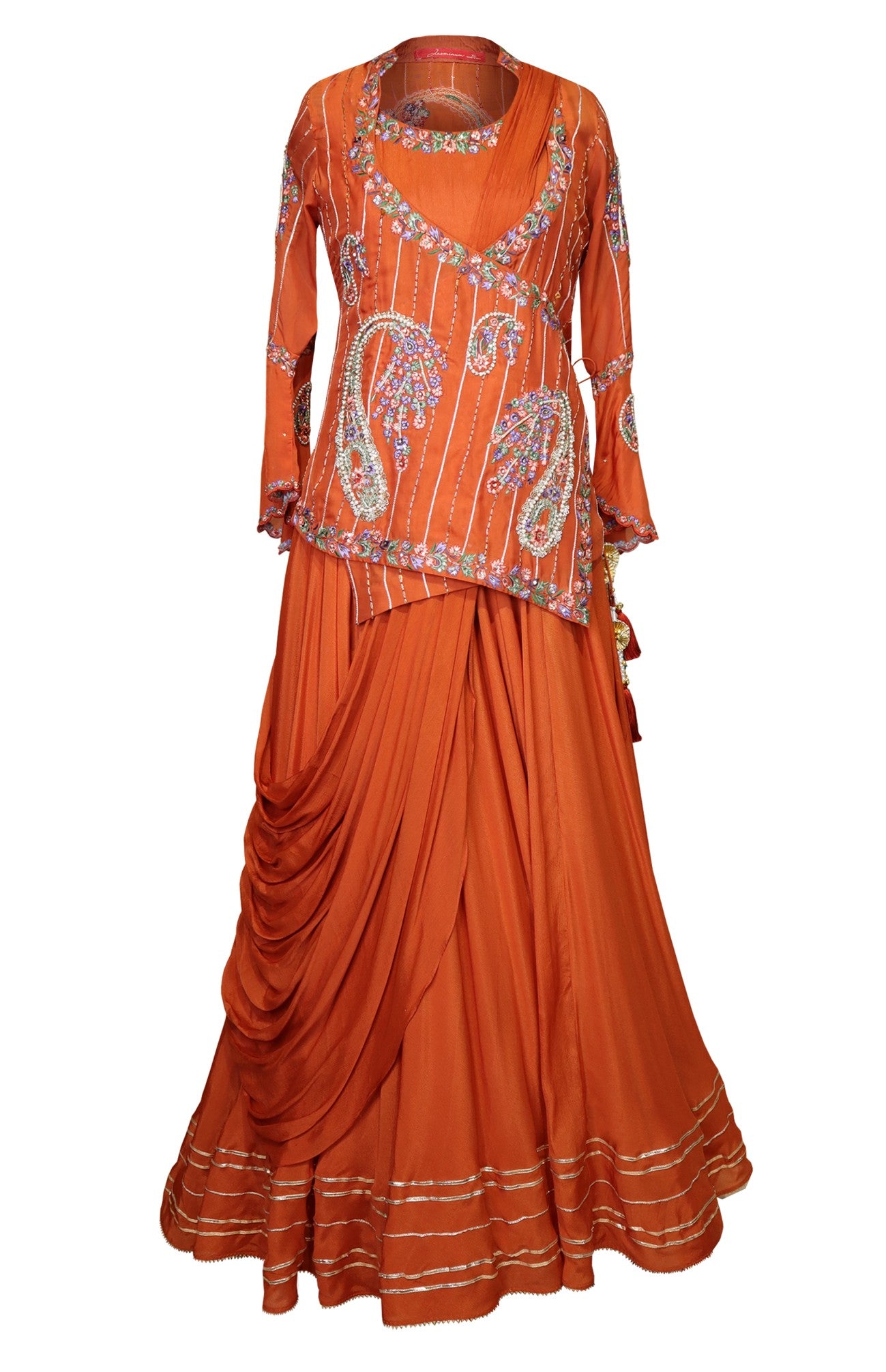 Rust Chiffon Gown With Asymmetric Jacket