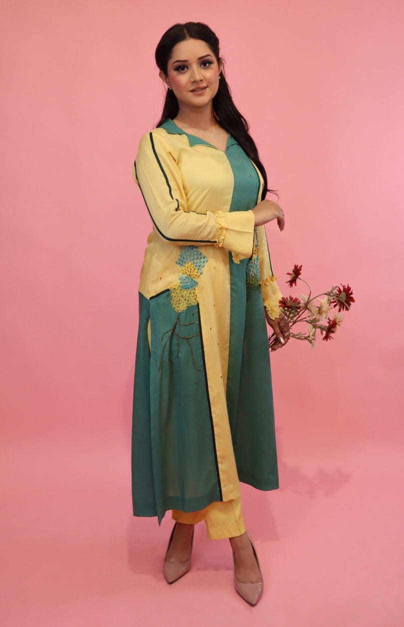 Mul Mul Colour Block Kurta Set