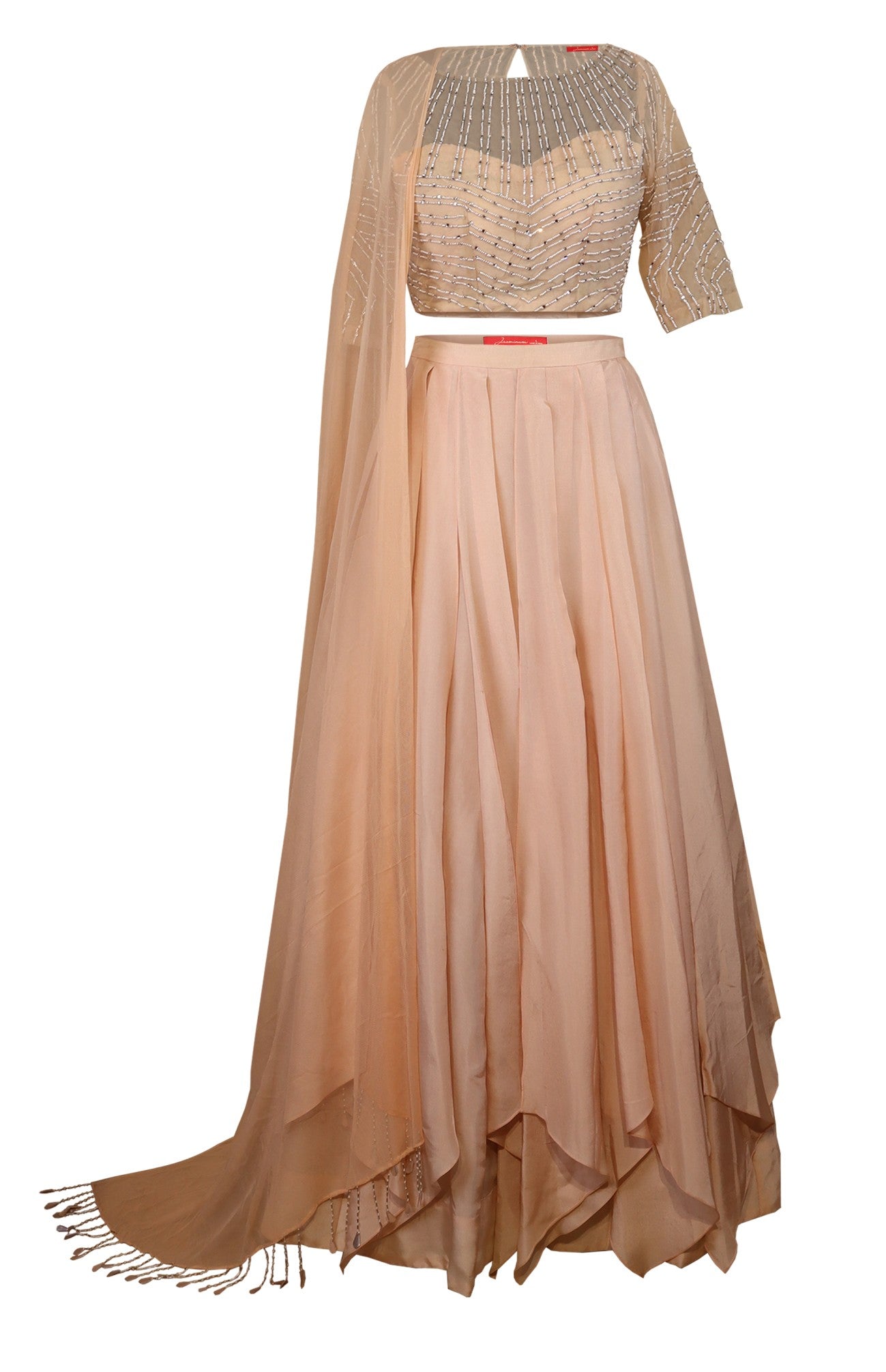 Skin Crop Top Skirt With Pearl Embroidery