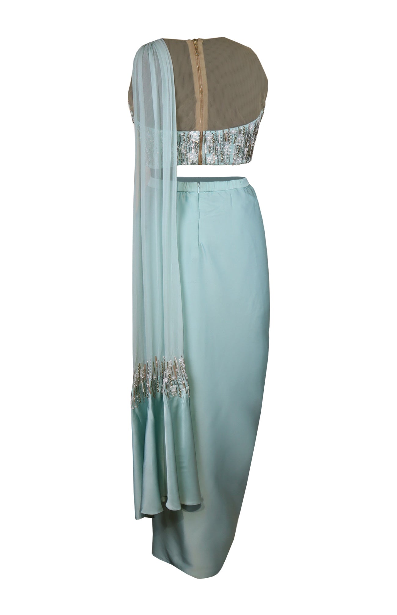 Teal Crop Top With Satin Lungi