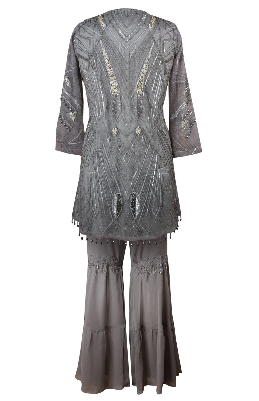 Tulle Embroidered Tunic With Gharara - GREY