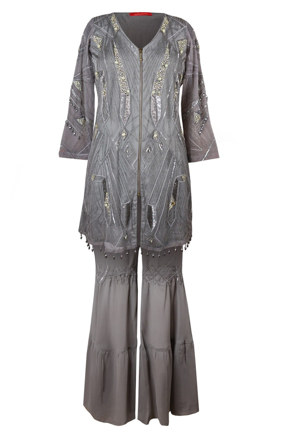 Tulle Embroidered Tunic With Gharara - GREY