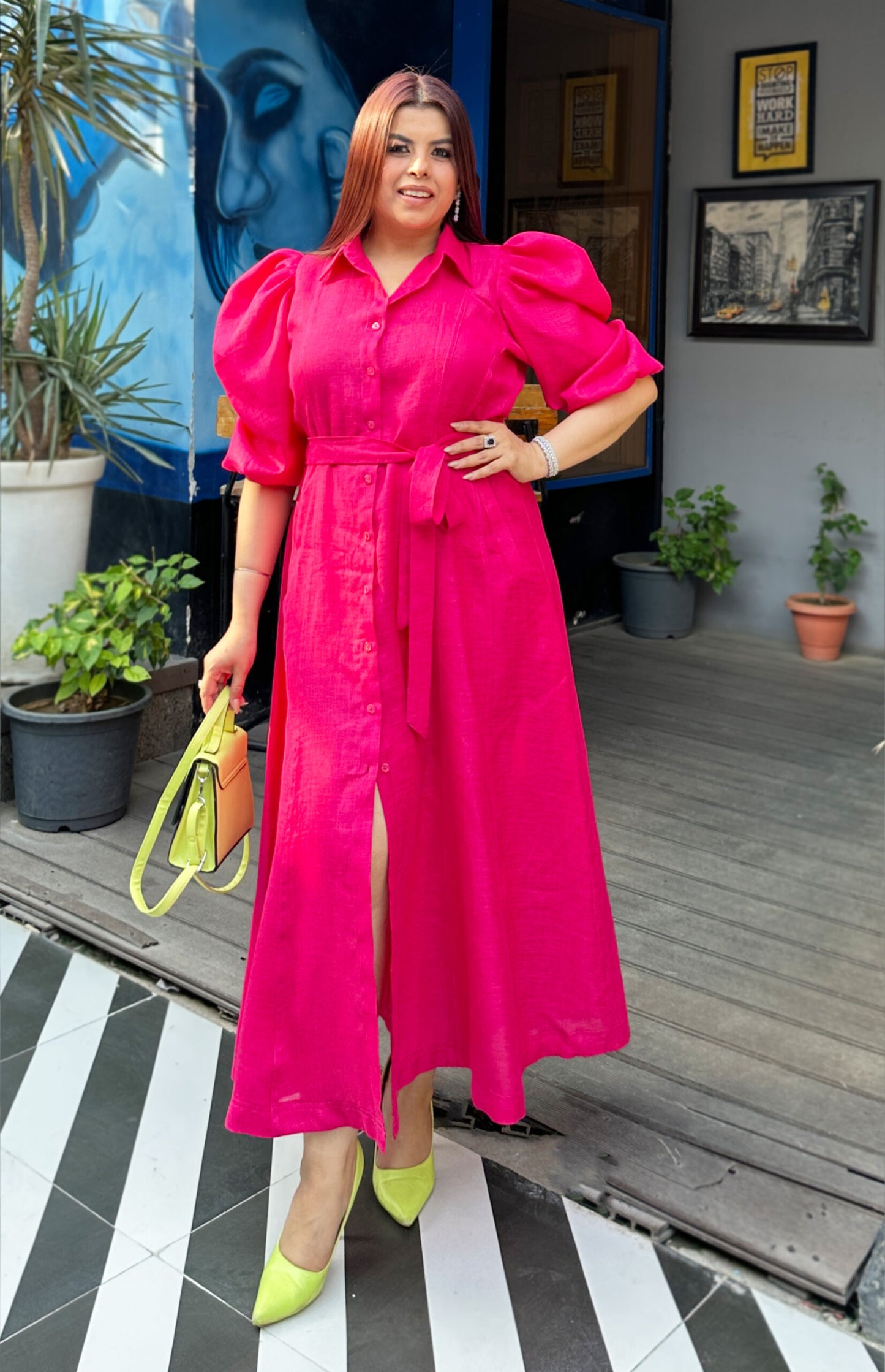 Magenta Linen Midi Dress