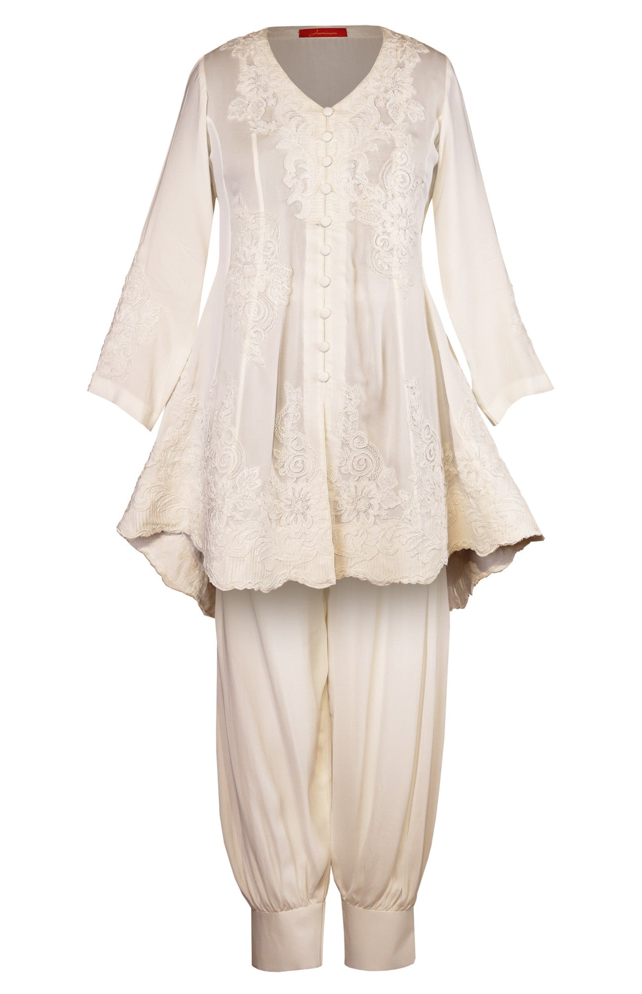 White Tone On Tone Embroidery Short Anarkali