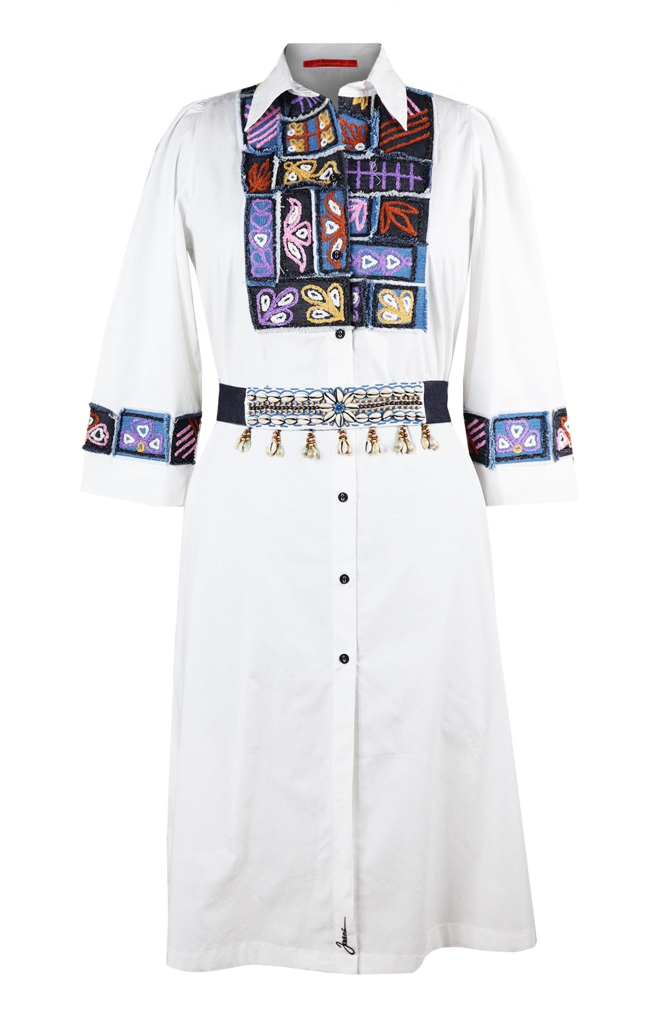 Denim Patches Shirt Dress - WHITE