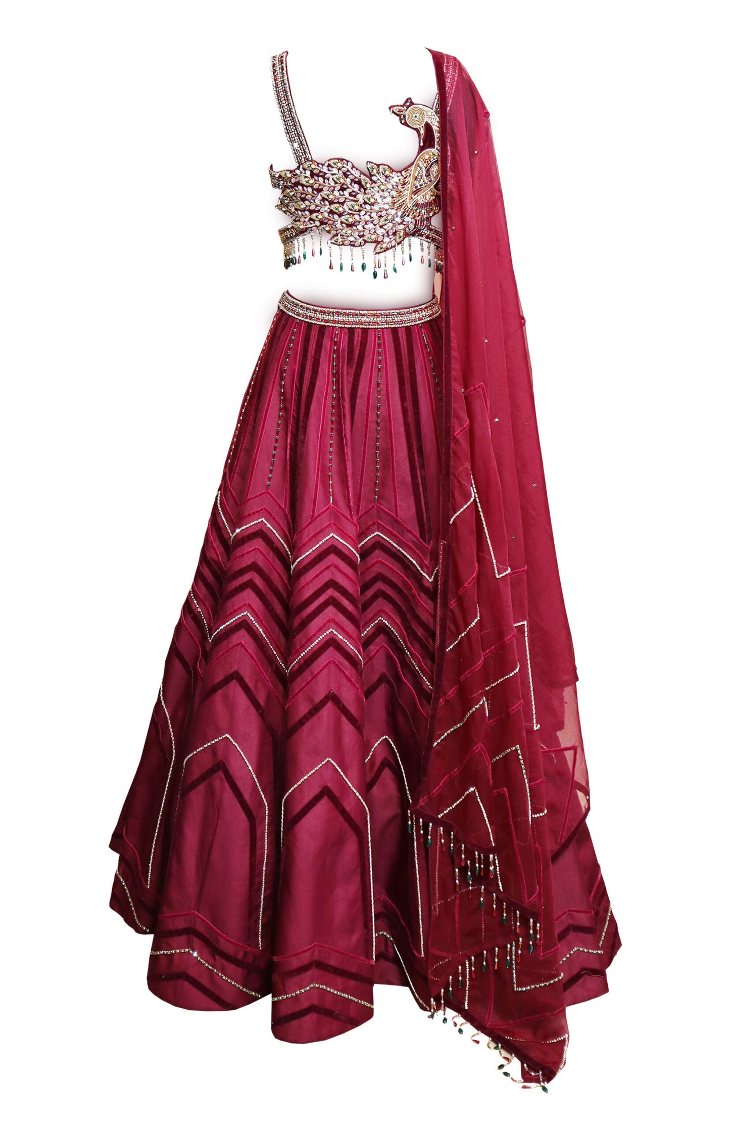 Silk Lehnga With Peacock Motif - MAROON
