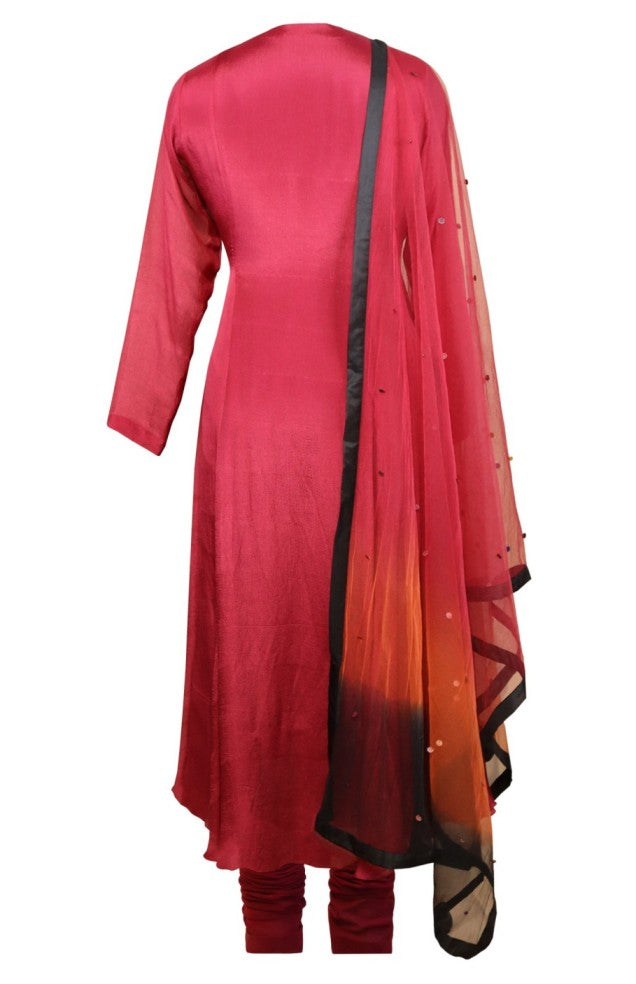 Chiffon Anarkali With Ombré Dupatta - WINE