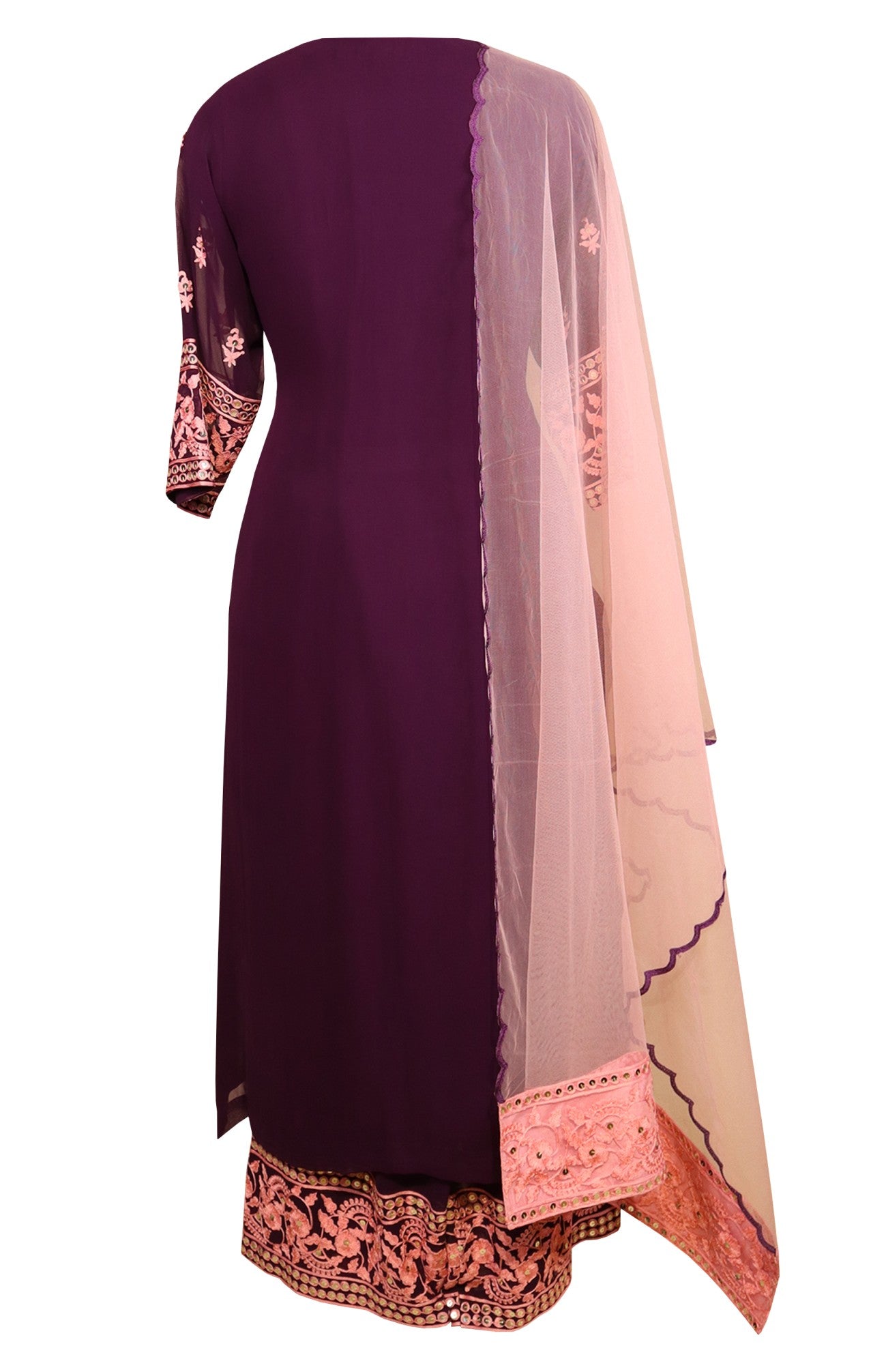 Wine Georgette Suit With Pastel Pink Thread Embroidery