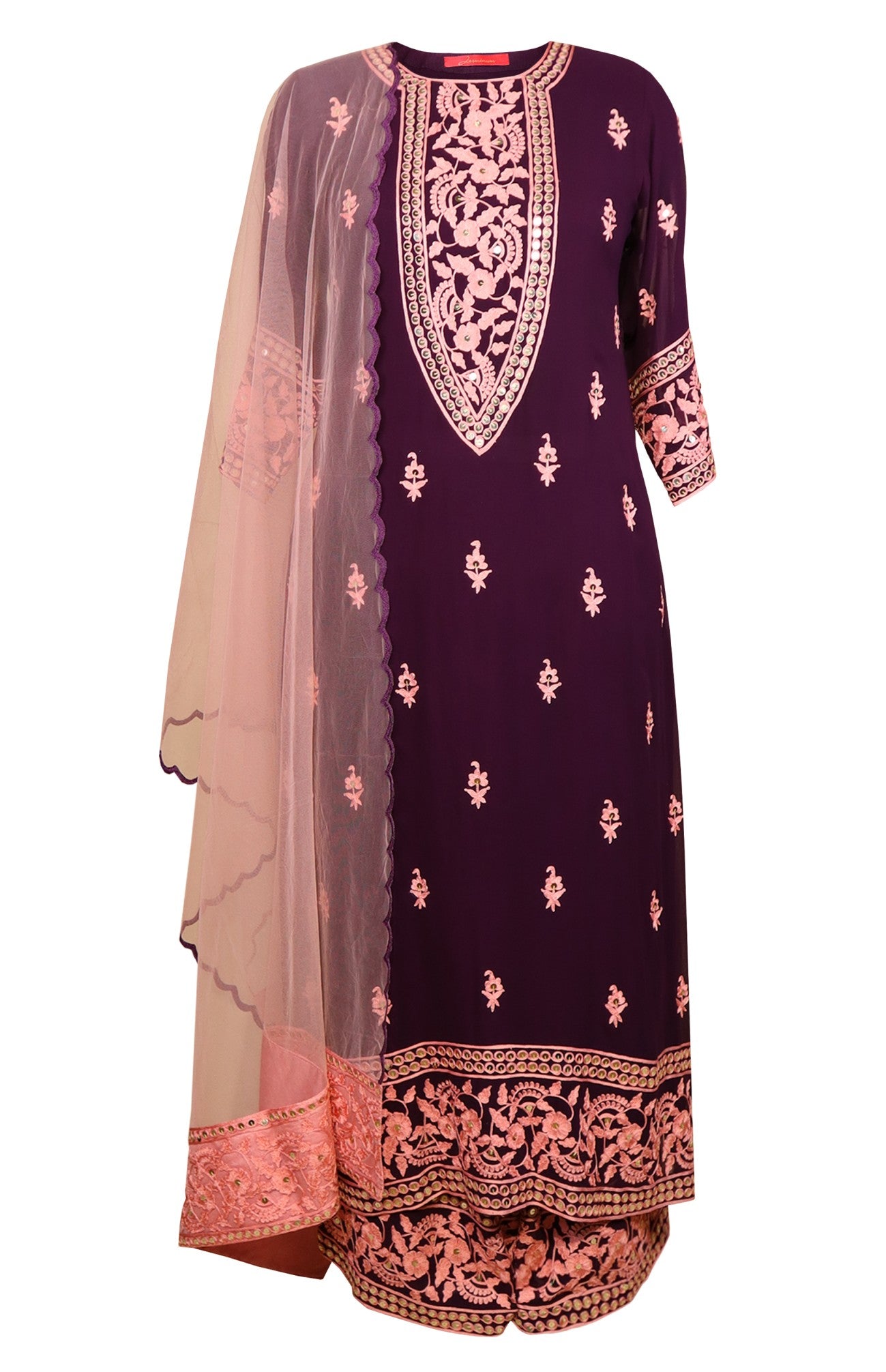 Wine Georgette Suit With Pastel Pink Thread Embroidery