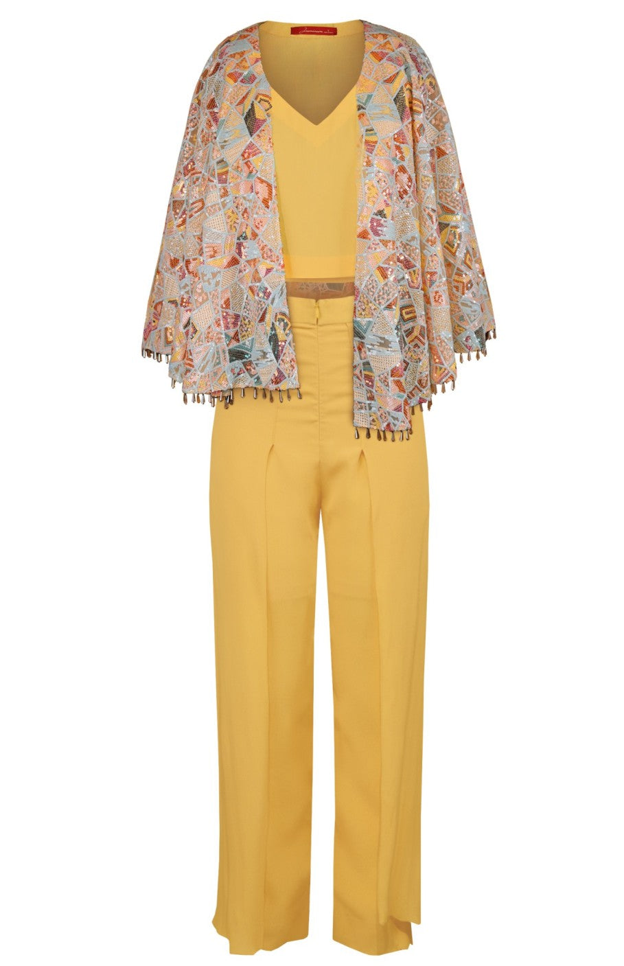 Yellow Co-ord Set With Embroidered Cape