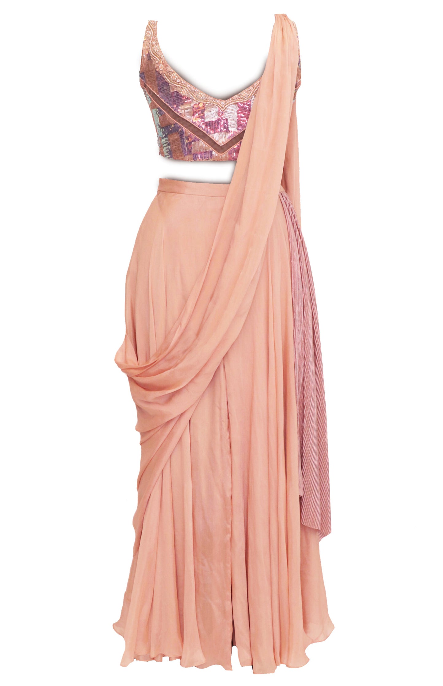 Nude Peach Chinon Chiffon Draped Sharara With Holographic Blouse