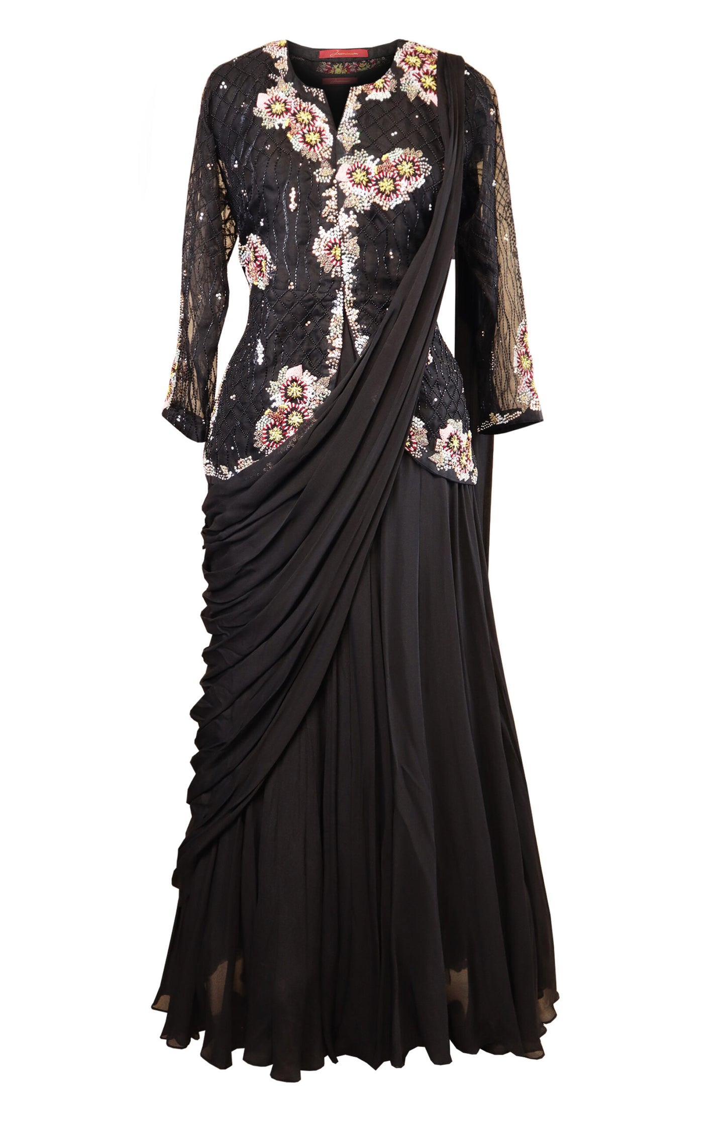 Draped Gown With Short Jacket - BLACK