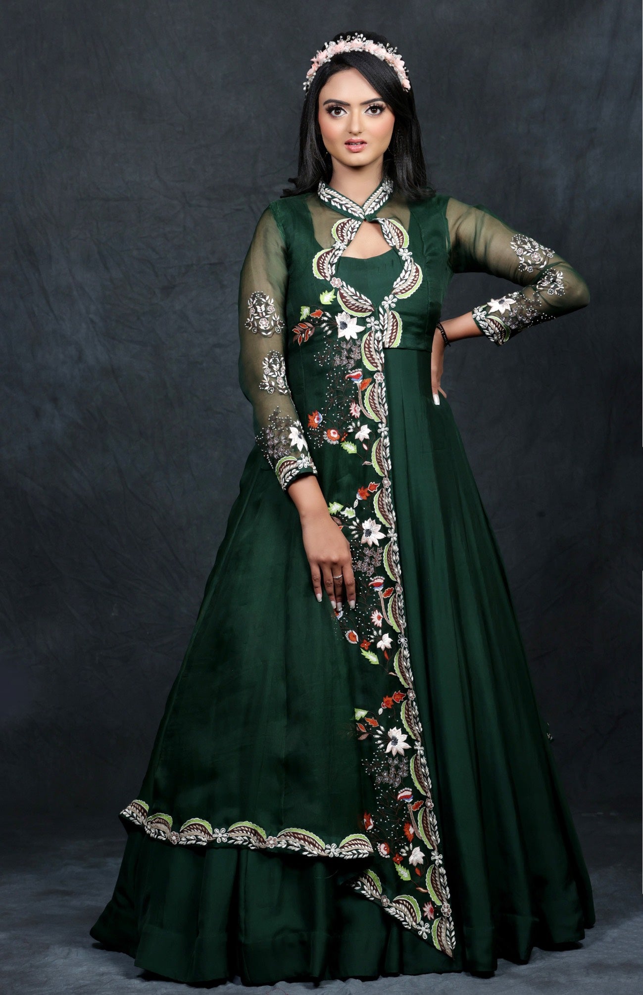 Bottle Green Satin Organza Gown