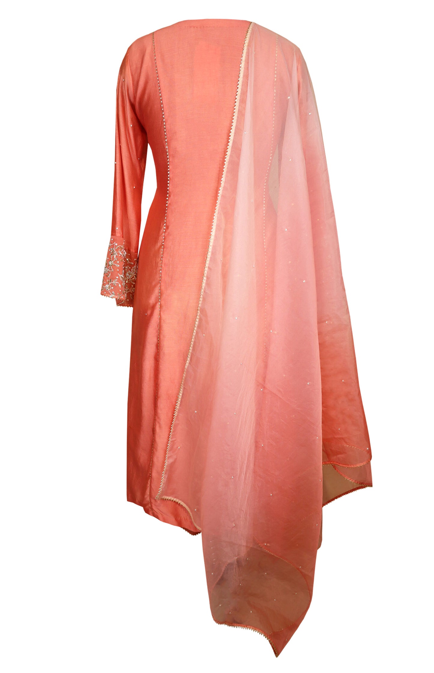 Chanderi Silk Suit With Zari Embroidery - CORAL