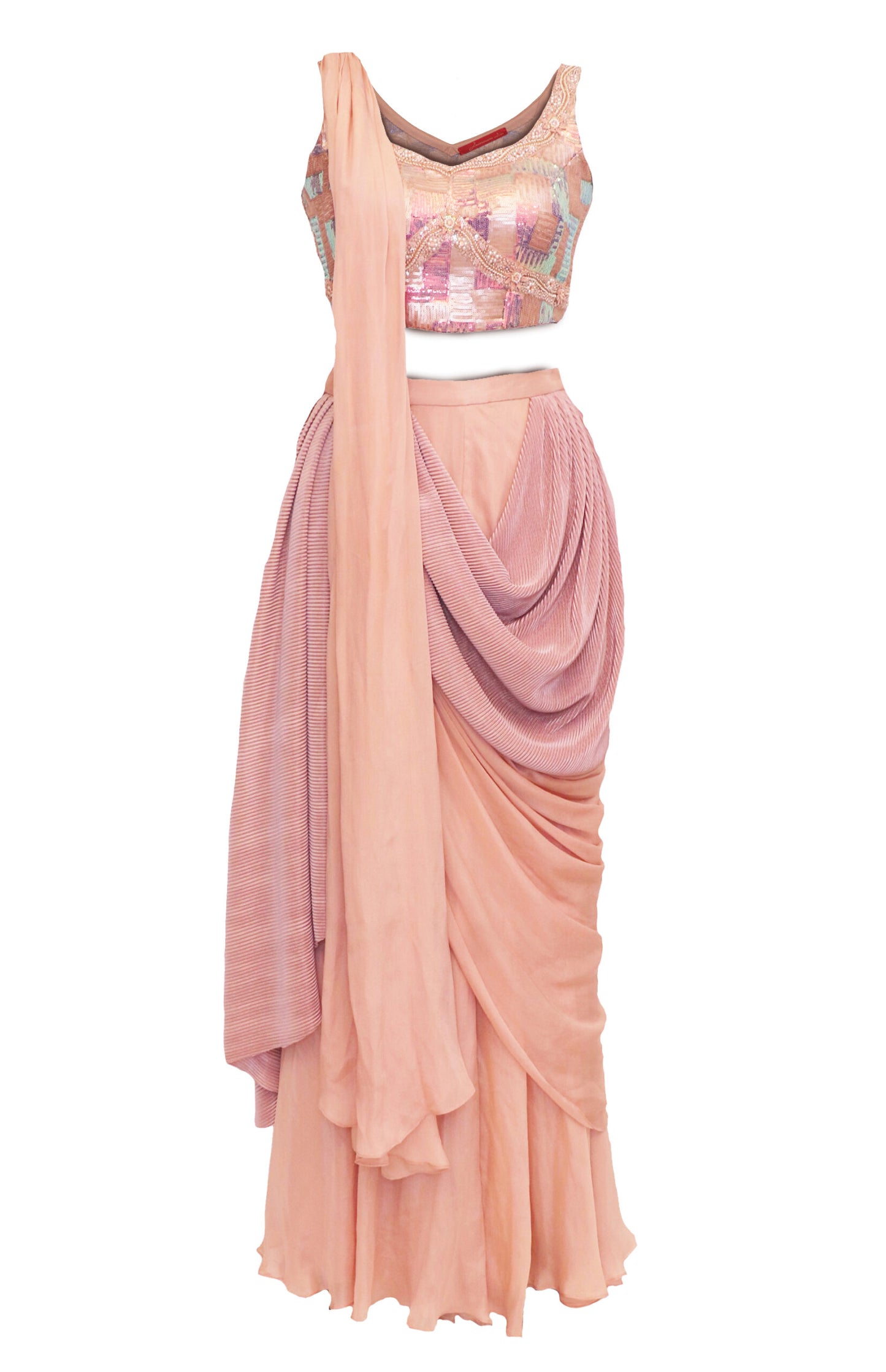 Nude Peach Chinon Chiffon Draped Sharara With Holographic Blouse