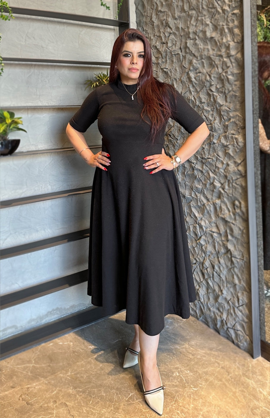 Black Woolen Midi Dress