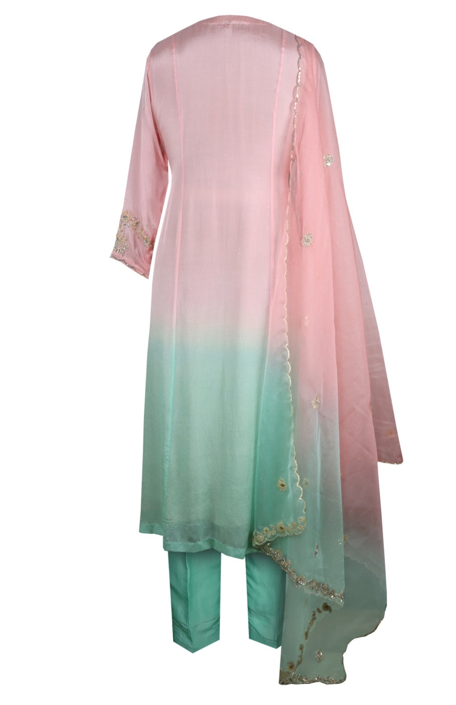 Ombré Chiffon Suit With Sequins Embroidery - BLUSH/MINT