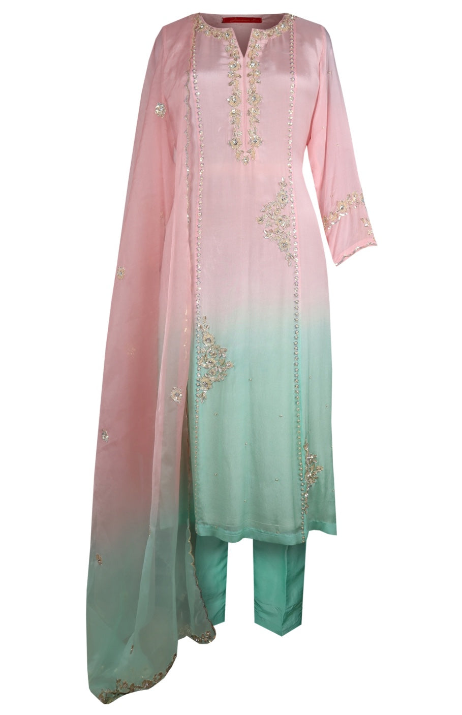Ombré Chiffon Suit With Sequins Embroidery - BLUSH/MINT