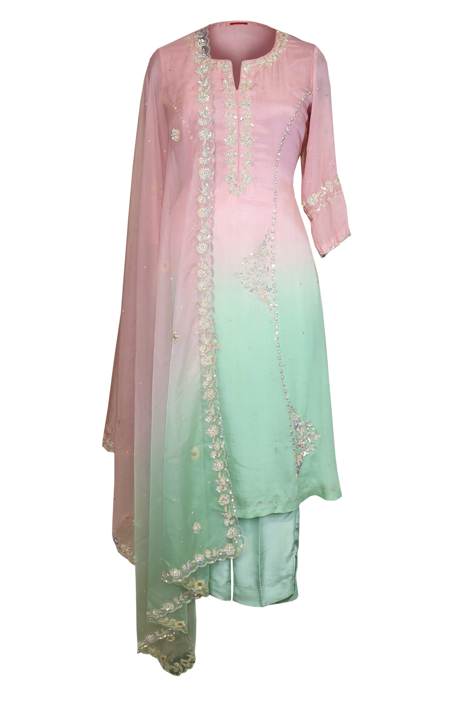 Ombré Chiffon Suit With Sequins Embroidery