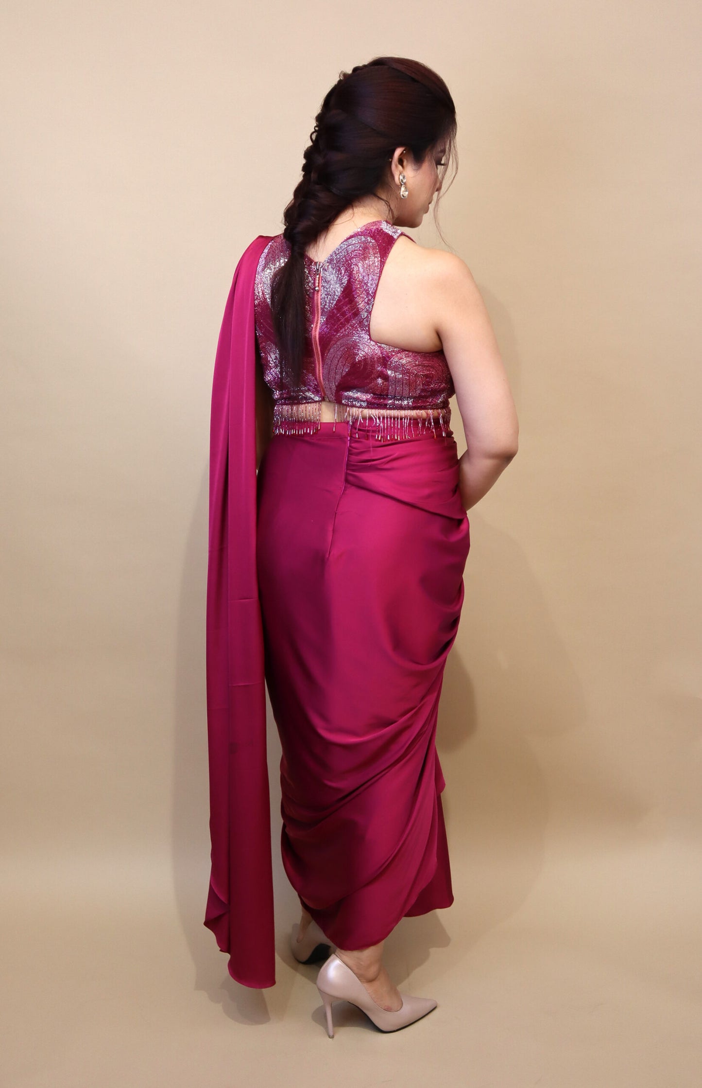 Draped Saree With Ombré Embroidery - PLUM