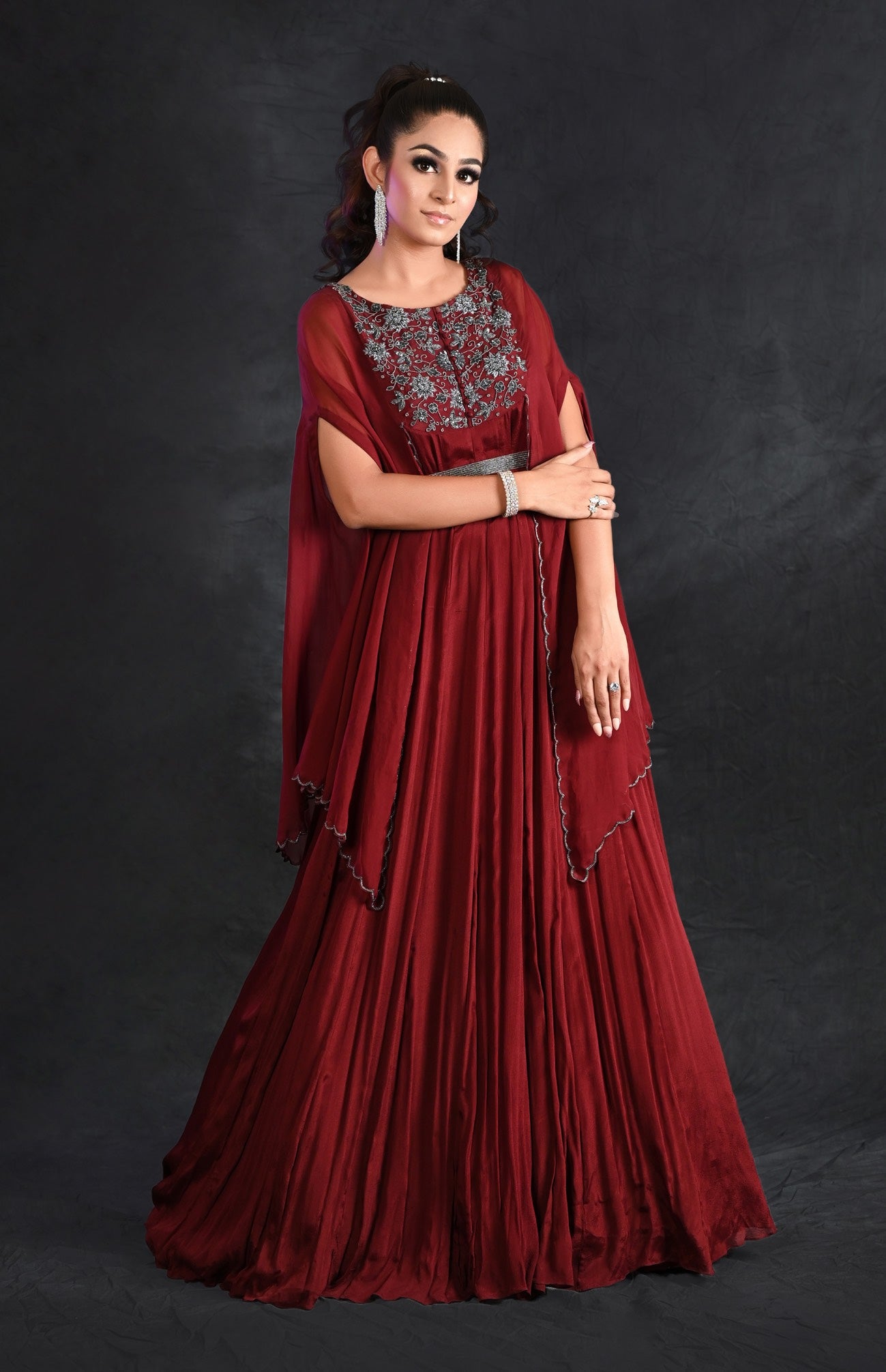 Wine Chiffon Cape Gown