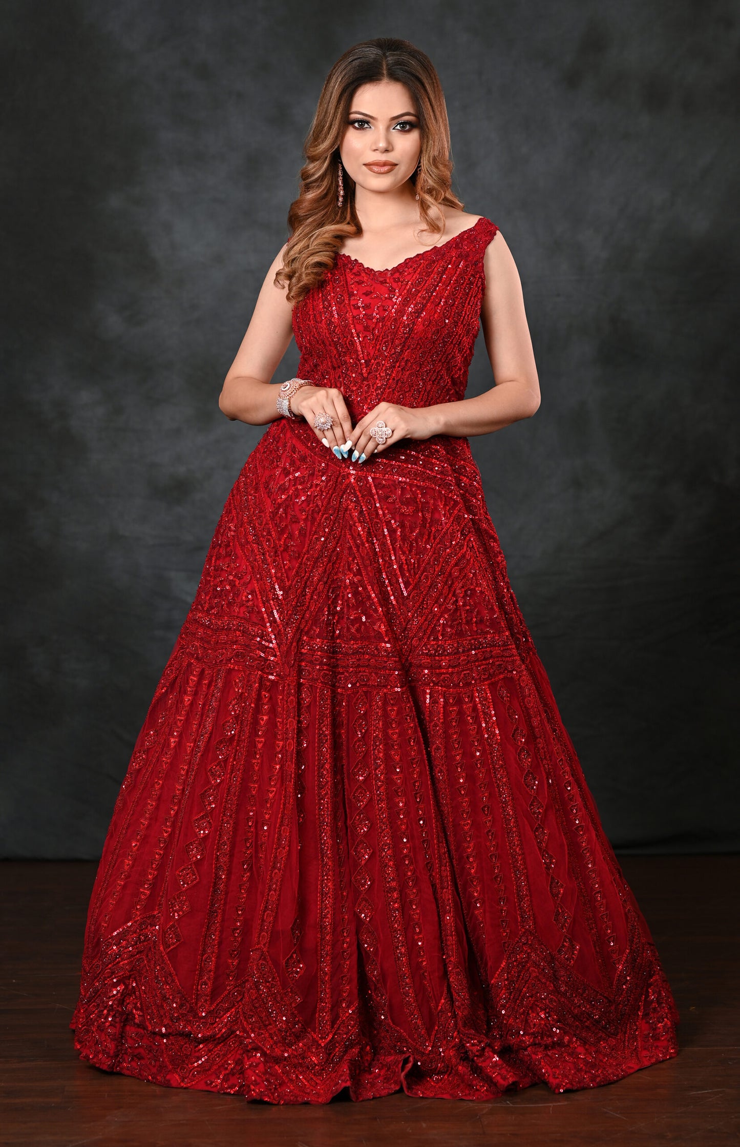 Off-shoulder Gown With TonT Embroidery - RED