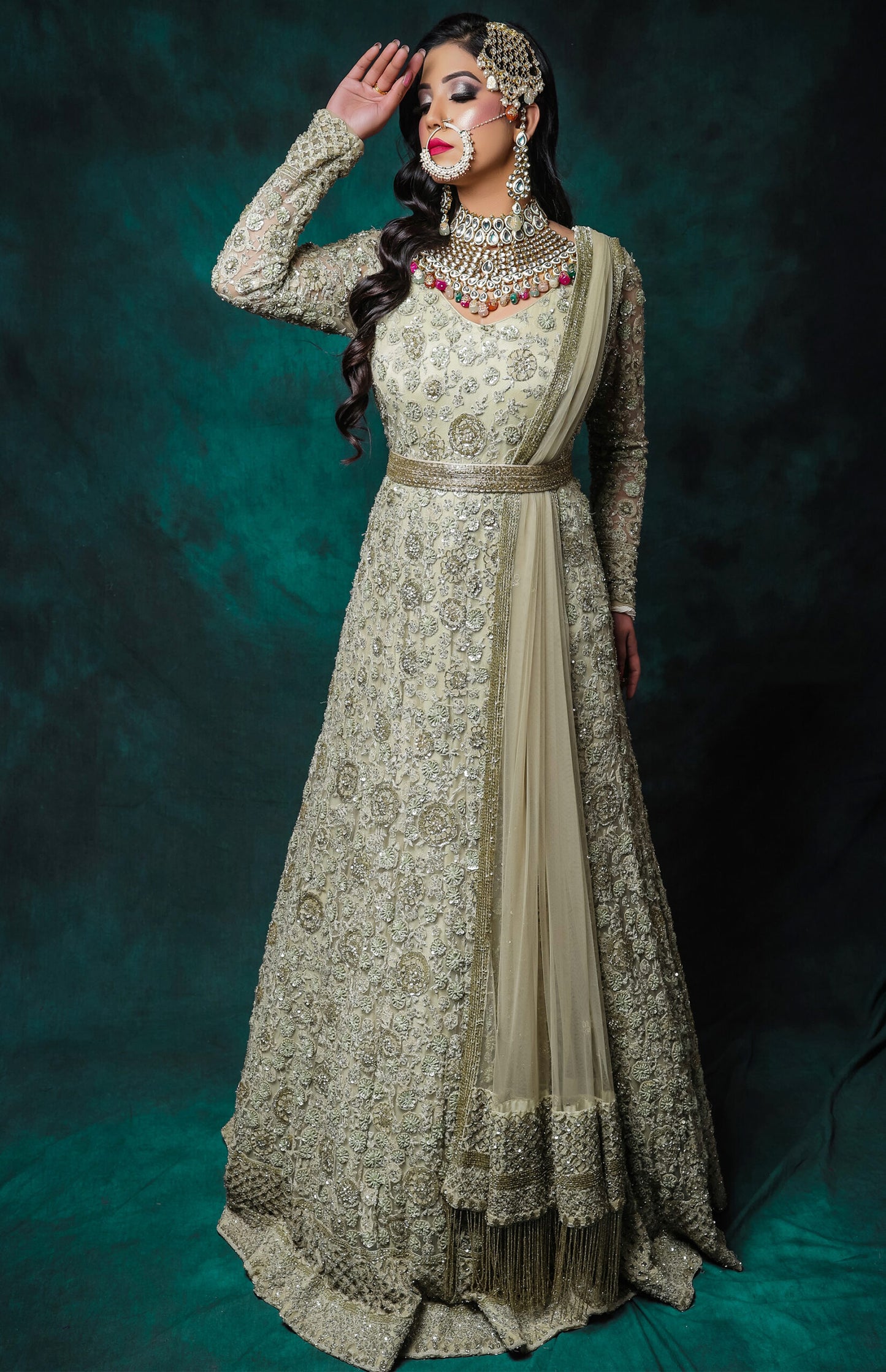 Floral TonT Embroidery Anarkali Gown - SAGE GREEN