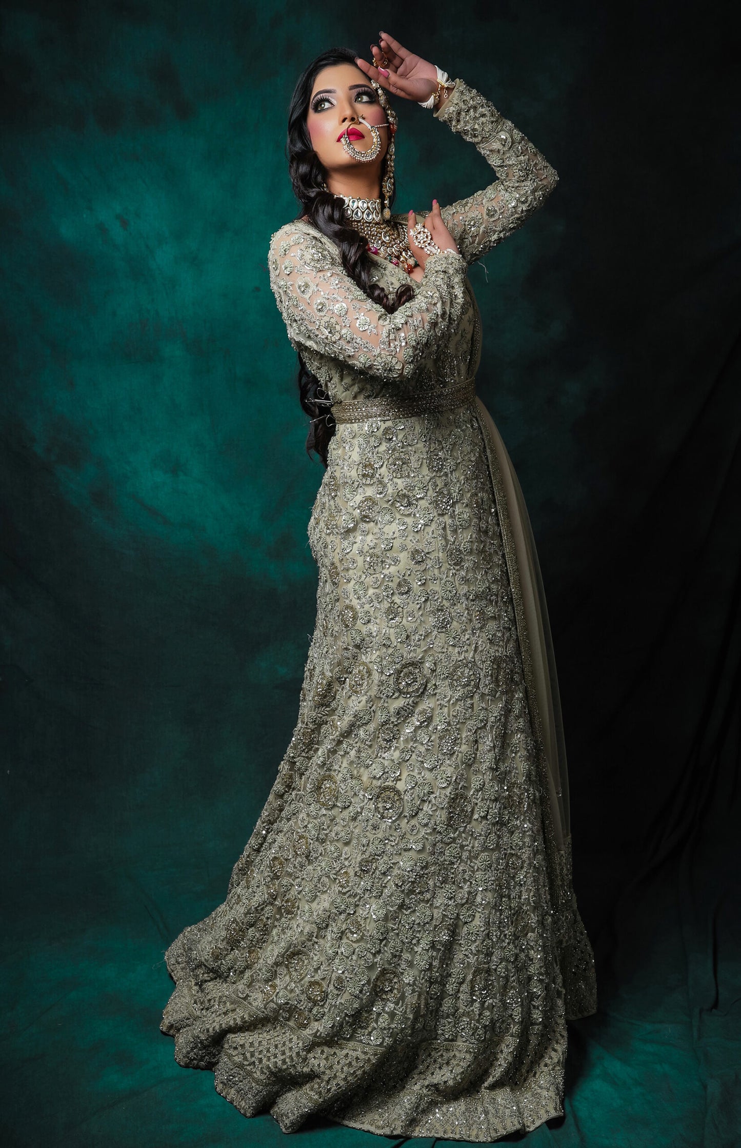 Floral TonT Embroidery Anarkali Gown - SAGE GREEN