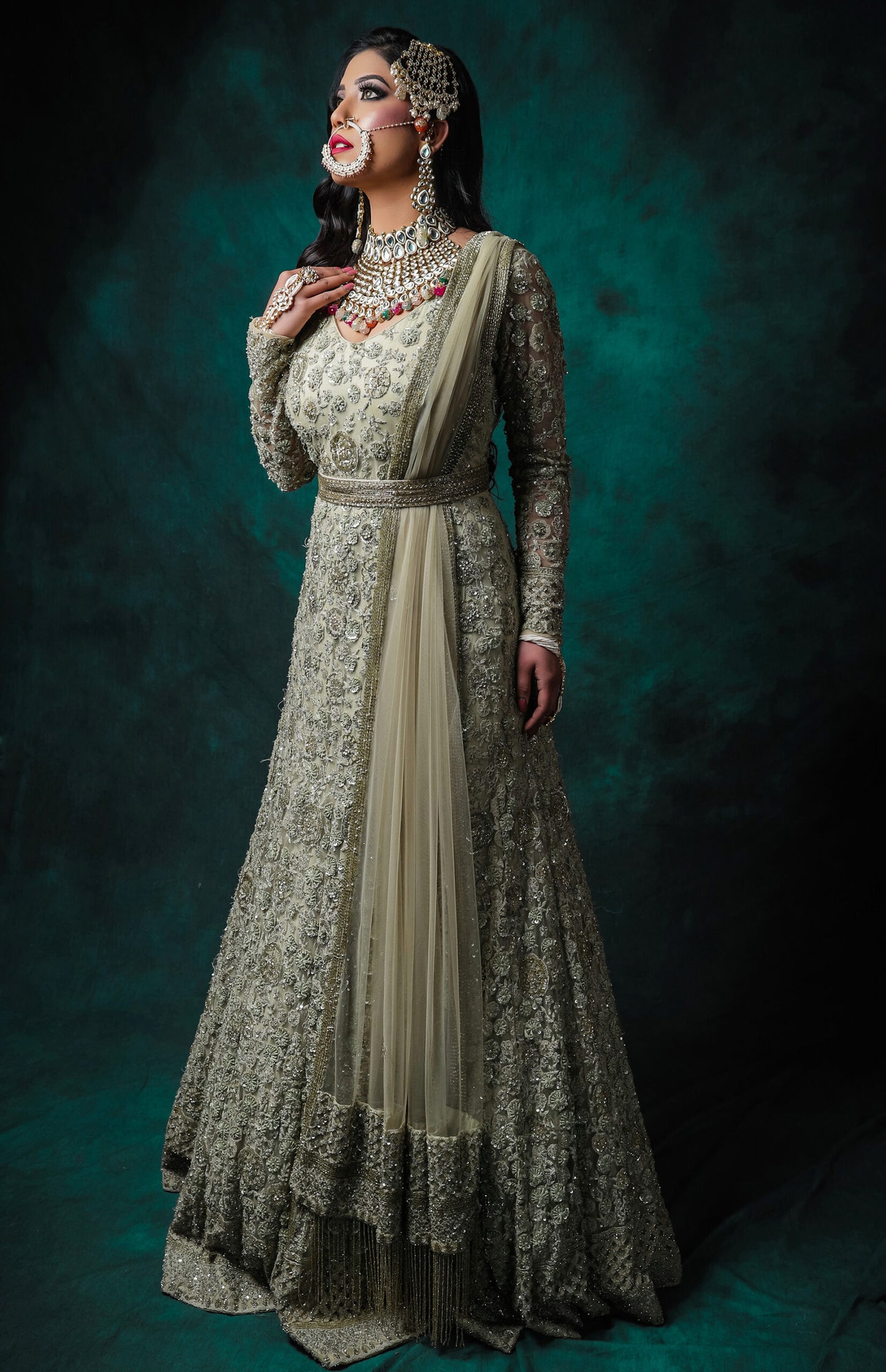 Floral TonT Embroidery Anarkali Gown - SAGE GREEN