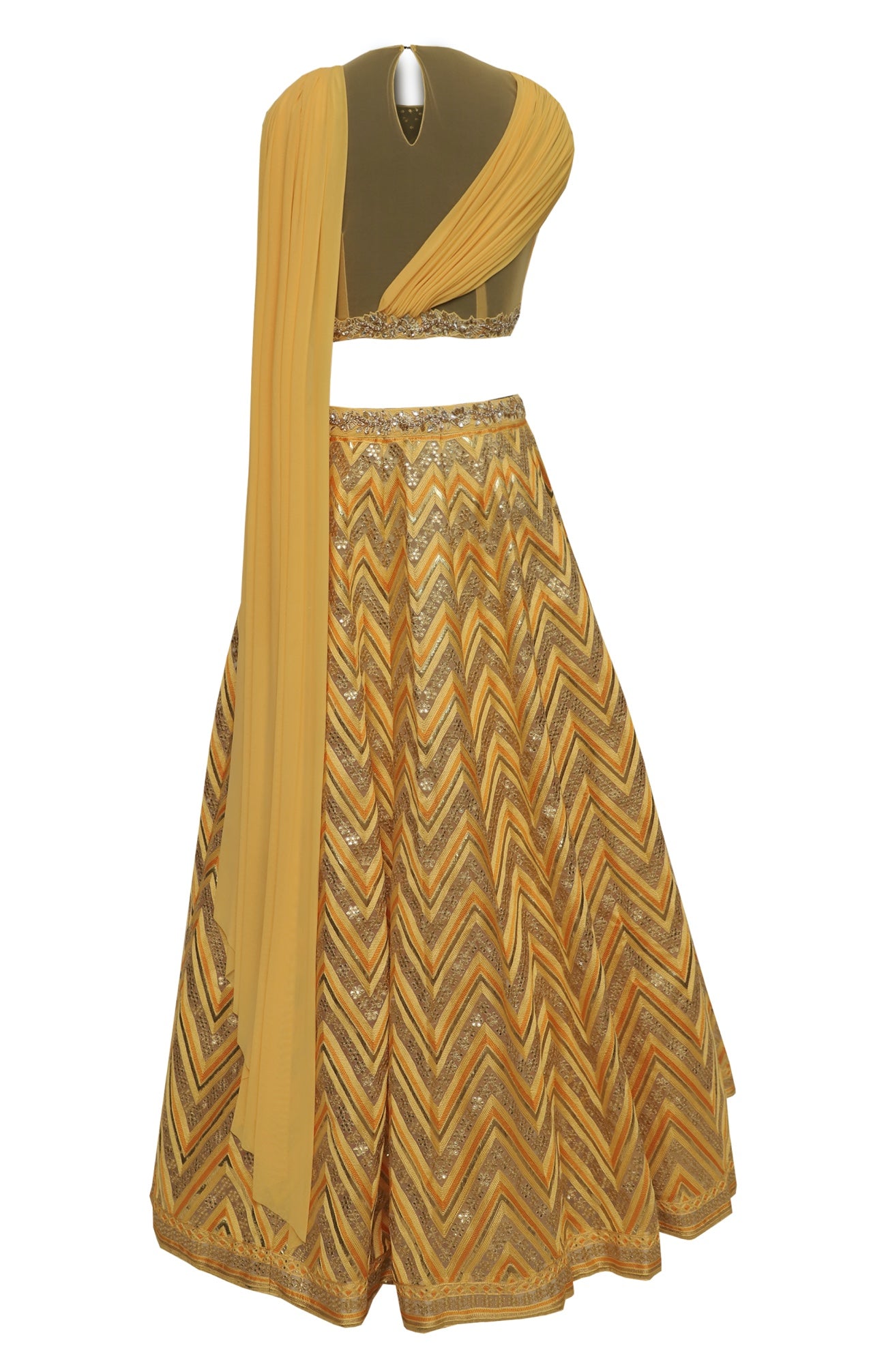 Yellow Drape Crop Top With Chevron Embroidery
