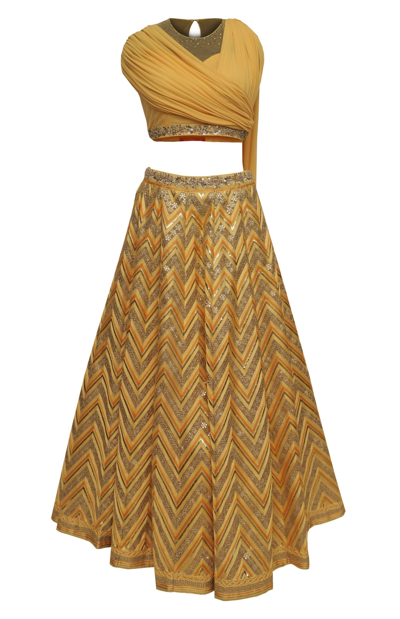 Yellow Drape Crop Top With Chevron Embroidery