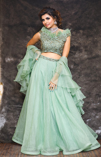 Olive Green Crop Top And Organza Skirt