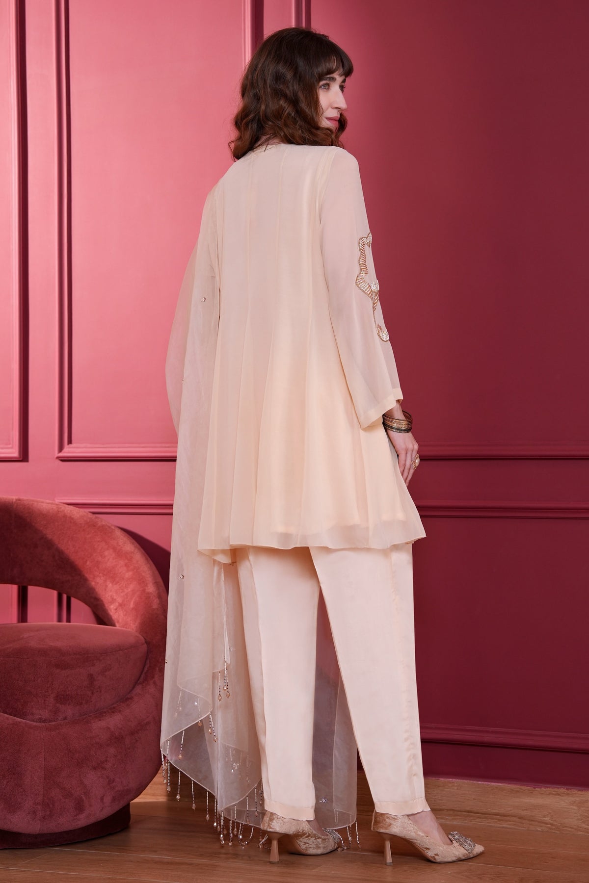 Short Anarkali With Nalki Embroidery - CREME