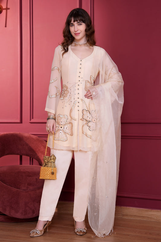Short Anarkali With Nalki Embroidery - CREME