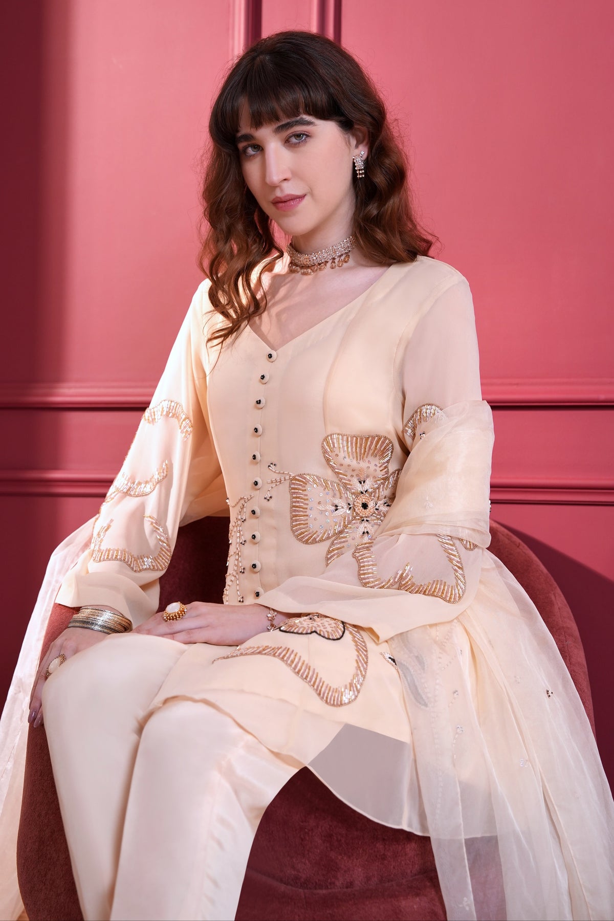 Short Anarkali With Nalki Embroidery - CREME