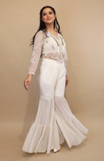 Tulle Embroidered Jacket With Tiered Pants - WHITE