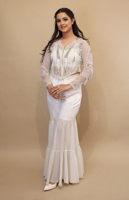 Tulle Embroidered Jacket With Tiered Pants - WHITE
