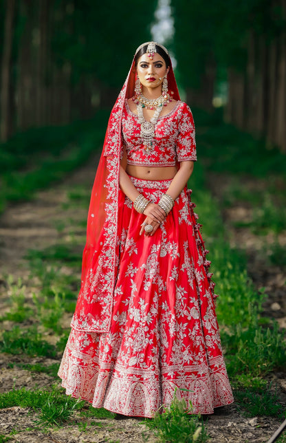 Red Paisley Jaal Embroidery Bridal Lehnga