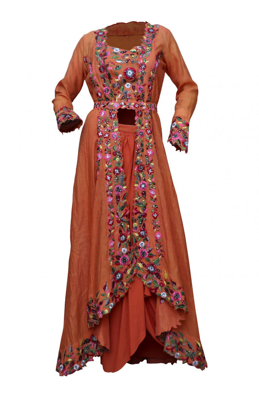 Orange Long Jacket With Crop Top & Lungi